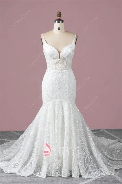 Curved V-neck Sparkly Lace Trumpet Wedding Dress - Lunss