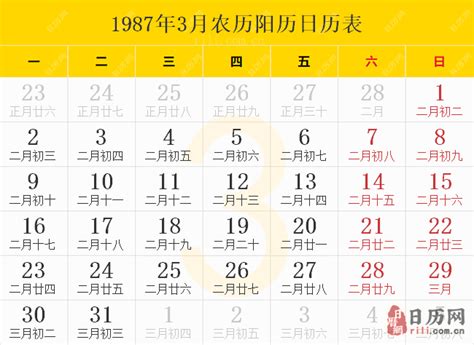 1987年农历阳历表,1987年日历表,1987年黄历 - 日历网