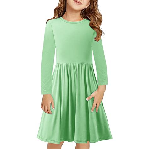 Kids Sun Dresses Girls Long Sleeve Solid Color Stretchy Dress a Line ...