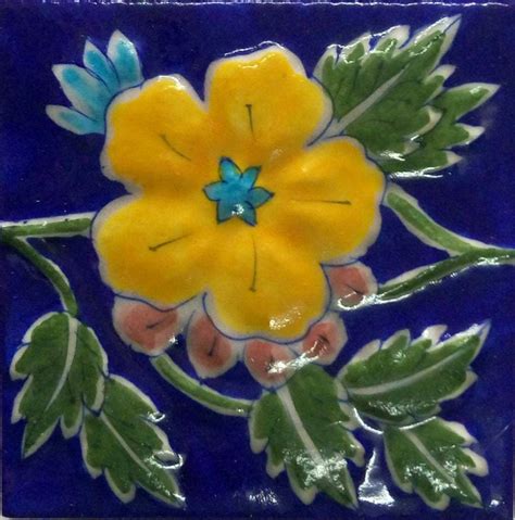 Yellow pansy Embossed On Blue Base Tile – NEERJA INTERNATIONAL INC