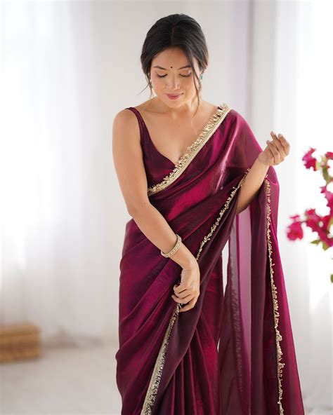 Buy Wine Embellished Sequinned Lace Satin Saree 17418 Online | Karagiri