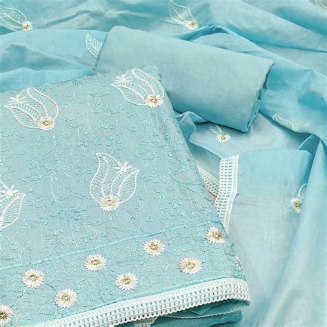Blue Floral Embroidered Pure Cotton Dress Material