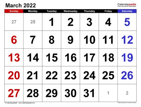 March 2022 Calendar | Templates for PDF, Excel and Word