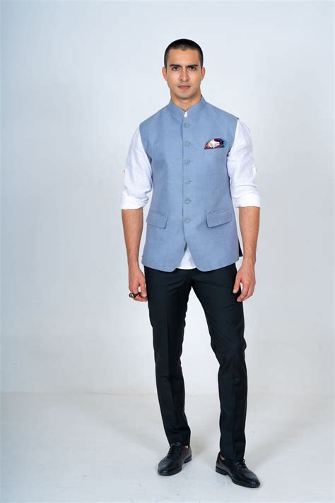Sky Blue Linen Nehru Jacket – Minizmo