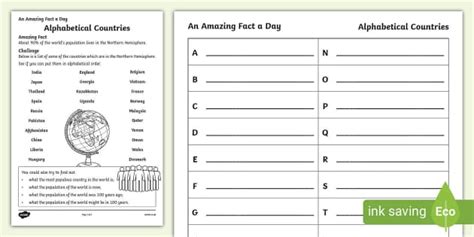 List of Countries in Alphabetical Order Worksheet | Twinkl