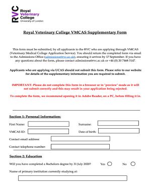 Royal Veterinary College VMCAS Supplementary Form - Fill and Sign ...
