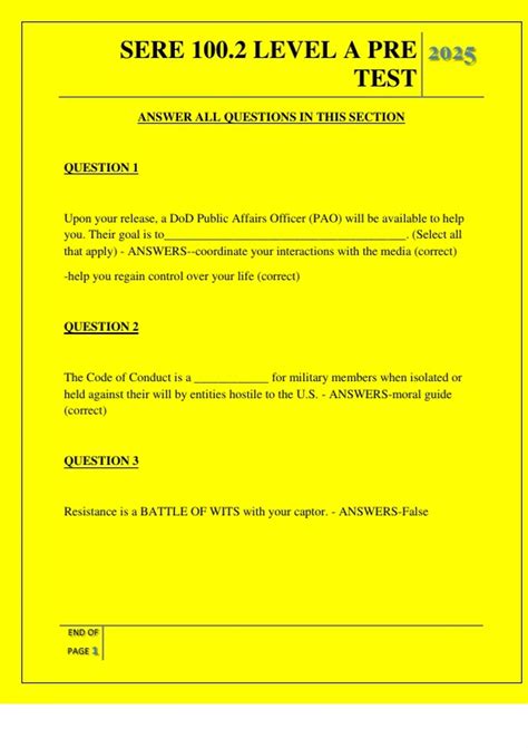 SERE 100.2 LEVEL A PRE TEST QUESTIONS AND ANSWERS 2025 - SERE 100.2 ...