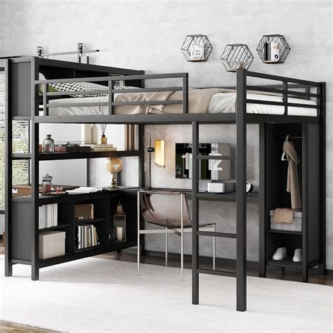 Amazon.com: Queen Size Modern Metal Loft Bed Frame with L-Shaped Desk ...