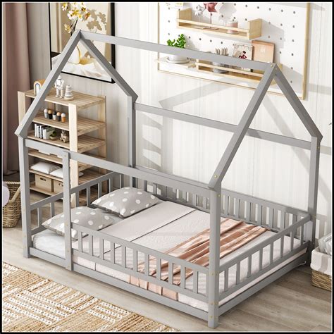 Harper Orchard Floor Wooden Bed with House Roof Frame and Fence ...