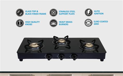 Elica Vetro 3 Burner Auto Ignition Gas Stove | 773 CT VETRO BLK AI ...