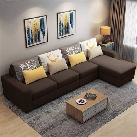 FURNY Sebastian 5 Seater Fabric RHS L Shape Sofa Set (Brown) : Amazon ...