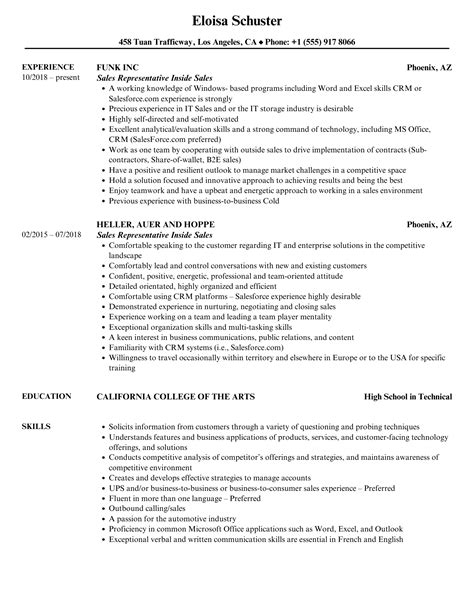 Sales Representative Inside Sales Resume Samples | Velvet Jobs