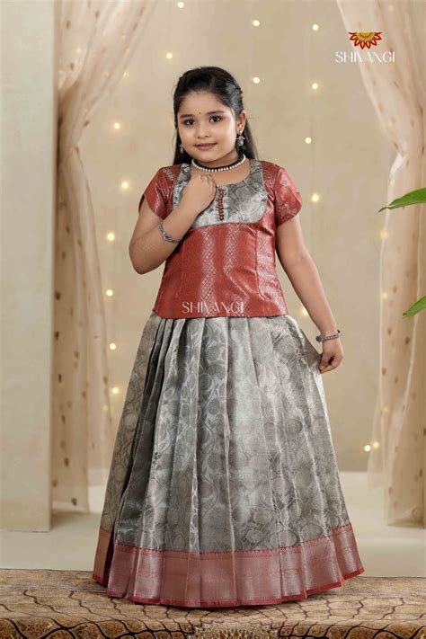 Gray Wild Creeper Traditional Pattu Pavadai Set for Girls