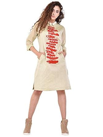 Redrobe Women's Chanderi Silk Cream Knee Length Straight Dress with ...