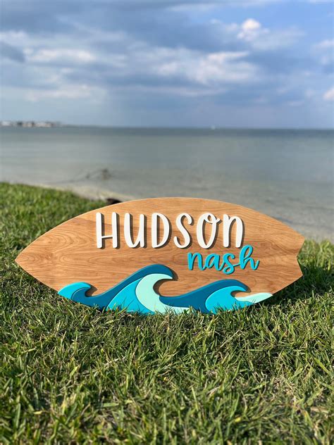 Surfboard name sign with layered waves surfboard wall decor surfboard ...