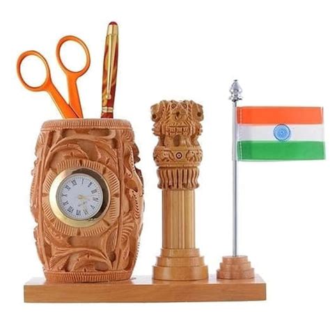 Kusum Art Wooden Pen Stand Clock with Ashoka stambh and Flag I Pen ...
