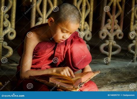 BURMA Little Monk or Novice Monk are Reading the Book in the Temple of Buddhism Religion in ...
