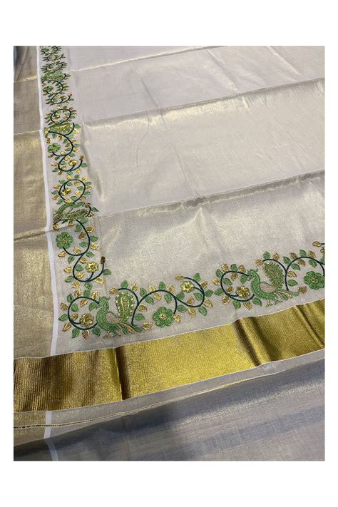 Kerala Tissue Kasavu Saree with Green Peacock Embroidery Design ...