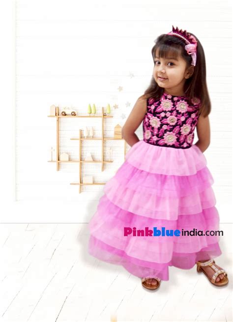 Designer Fashionable Pink Baby Birthday Gown With Thread Work