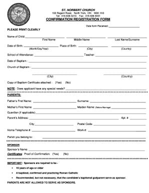 Fillable Online stnorbertschurch CONFIRMATION REGISTRATION FORM - St ...