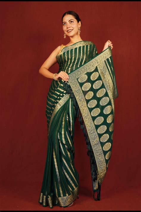 Predraped Designer Saree Green Leheriya & Zari Border With Tassels on ...