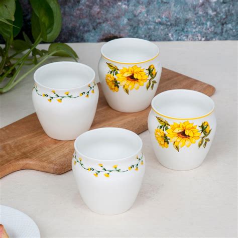 Buy Clay Craft White And Yellow Ceramic Chai Kulhad - 240ml - Set of 4 ...