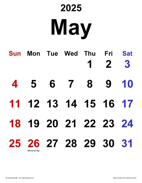 May 2025 Calendar | Templates for PDF, Excel and Word