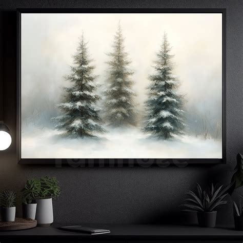 Vintage Christmas Tree Canvas Painting, A Trio Of Pine Tree In Winter ...