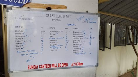 Menu at North Indian Canteen - SSSP Nilayam, Puttaparthi