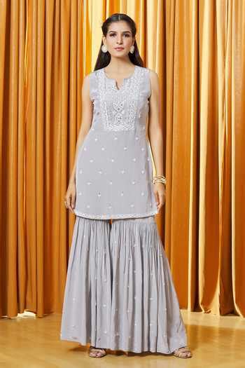 Buy Grey Crepe, Net Embroidery, Sequins, Beads Crystal Bodice Kurta ...