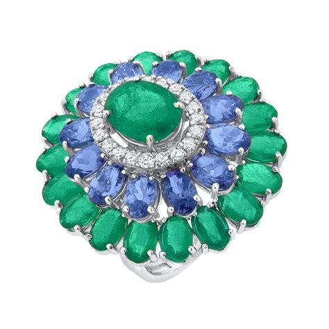Emerald And Tanzanite Flower Sterling Rings by Mohar Fine Jewellery