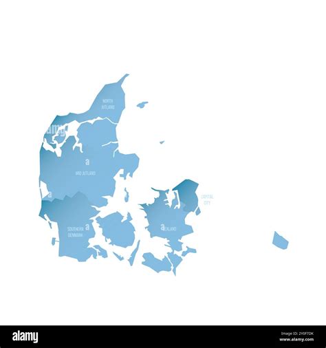 Denmark political map of administrative divisions - regions. Shaded vector map with 3D-like blue ...