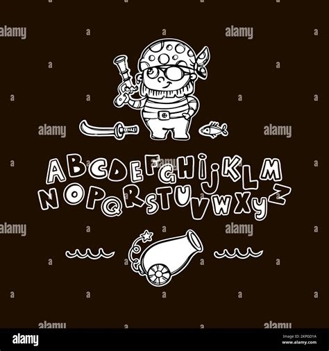 PIRATE GUN ALPHABET Nautical Theme Monochrome Hand Drawn Cartoon ...