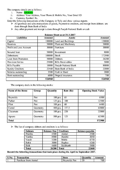 Tally 9 Practical Questions Sample - TALLY- PRACTICAL QUESTIONS(SAMPLE ...