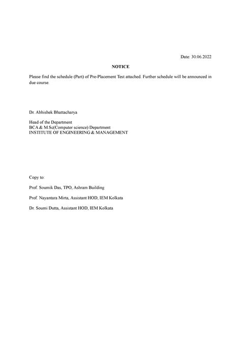 Pre placement July - thank you - Date: 30. NOTICE Please find the ...