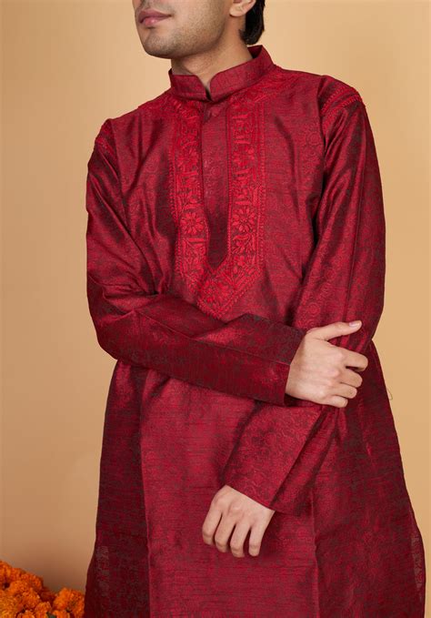 Fusion Chikankari n Banarsi Mens Kurta-RED – Paridhan Chikan Exclusive