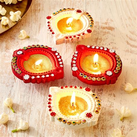 Buy Utsav Set of 4 Clay Embellished Leaf Diyas from Home Centre at just ...
