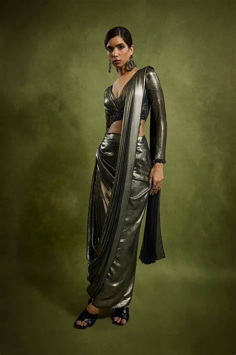 Embossed Drape Saree Teamed with Full Sleeves Blouse
