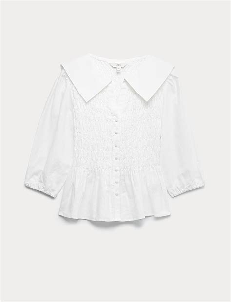 Buy Linen Rich Collared Shirred Shirt at Marks & Spencer