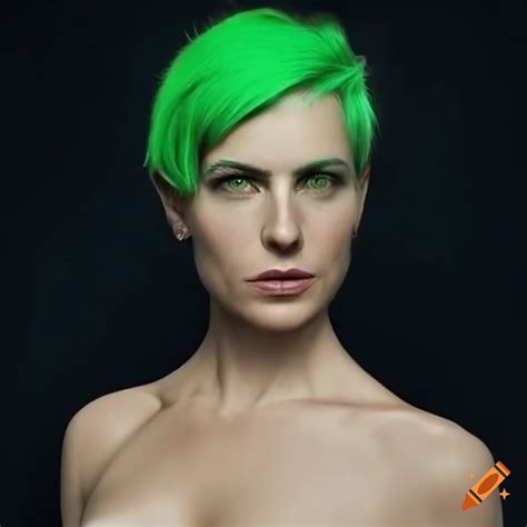 Futuristic cosplay of a 30-year-old white female with short green hair ...