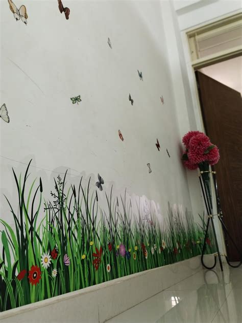 INKEDIFY 132 cm Green Grass Wall Corner Stickers Flowers Butterflies ...
