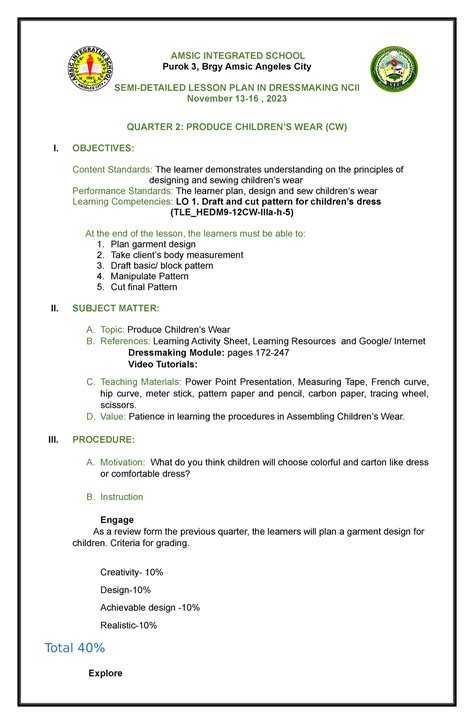 Image result for Sample Lesson Plan Dressmaking