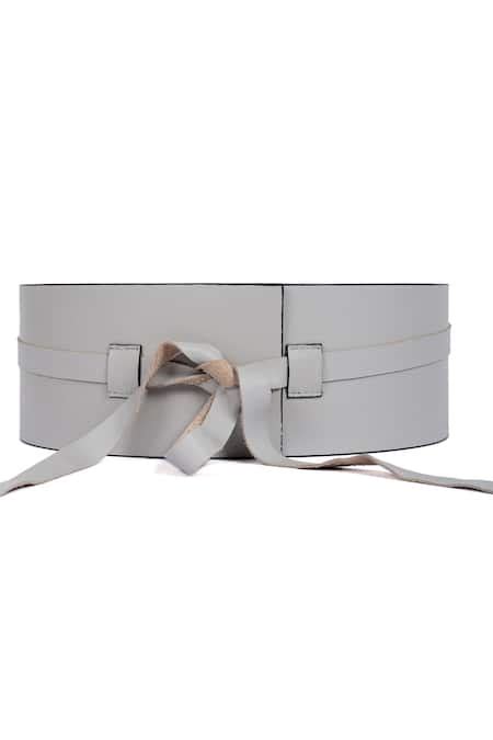 Buy Grey Obi Leather Loop Tie-up Belt by TROV Online at Aza Fashions.