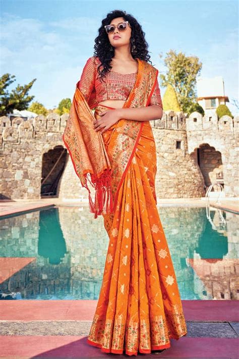 Buy Sienna Orange Banarasi Saree 98620 Online | Karagiri
