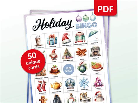 Winter holiday bingo game 50 holiday bingo cards december activities ...