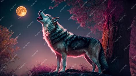 Enchanting Scene Wolf Howling Beneath a Colorful Full Moon and Tree ...