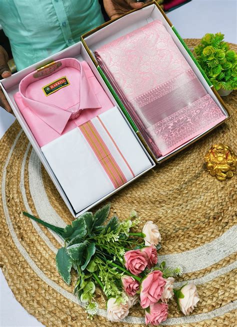 Semi Silk Saree & Cotton Dhoti Shirt - Couple Combo Set – www ...