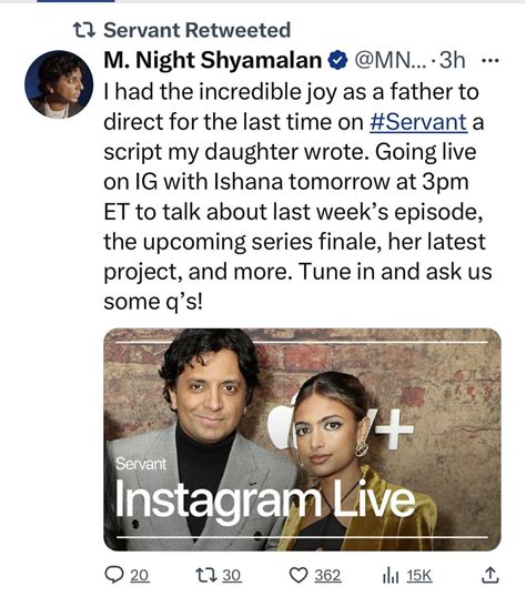 Wednesday, 2 Shyamalans on Instagram Live at 3 p.m. ET : r/servant