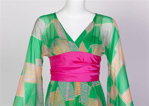 Malcolm Starr Green Geometric Print Chiffon Pink Sash Dress, 1960s For ...