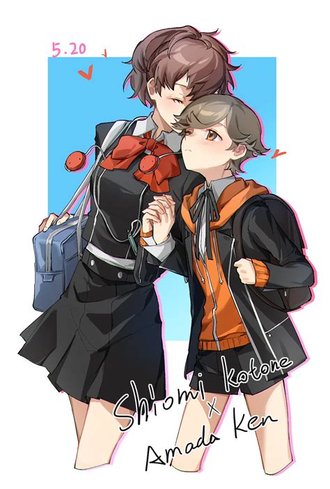 shiomi kotone and amada ken (persona and 2 more) drawn by eca_leaf ...